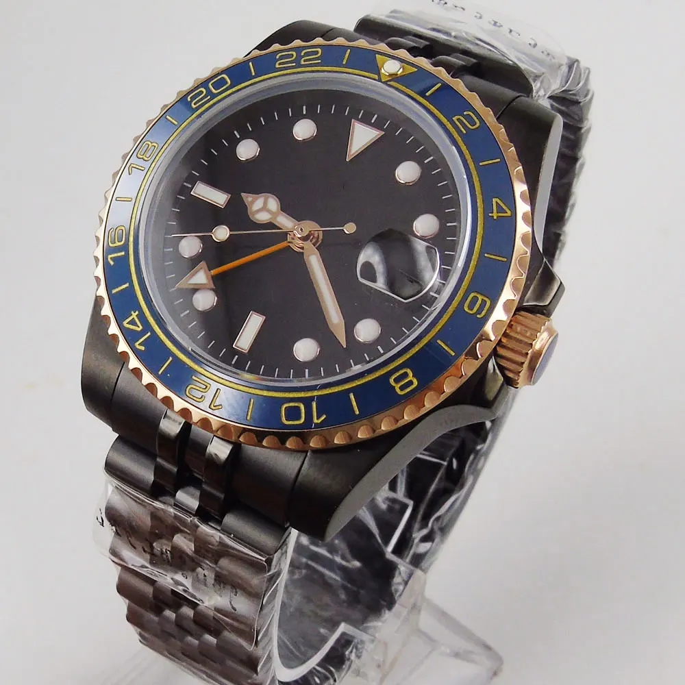 

Модные черные механические мужские наручные часы BLIGER GMT Дата функция юбилейный браслет с керамической вставкой