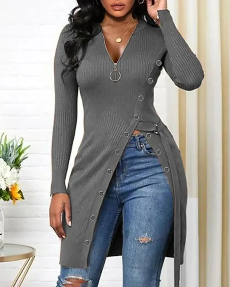 

Long Sleeve Zipper Design High Slit Top Women Autumn 2021 New Fashion