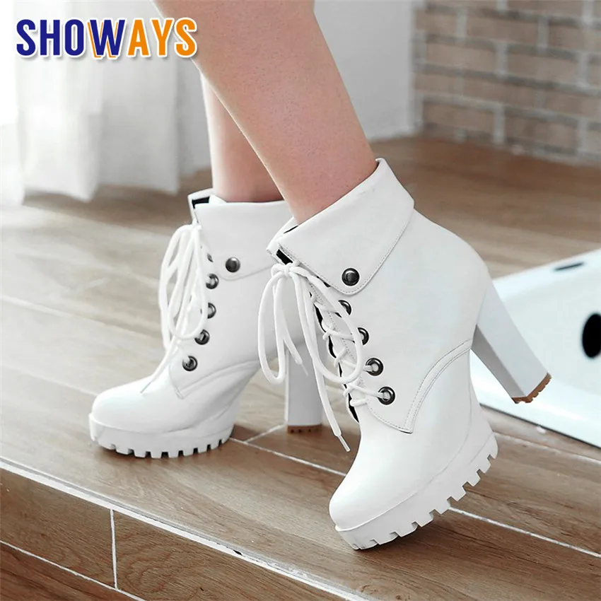 

Women Platform Ankle Boots Martin Black White High Chunky Heels Round Toe Casual Party Lady Winter Lace Up Punk Motorcycle Boots