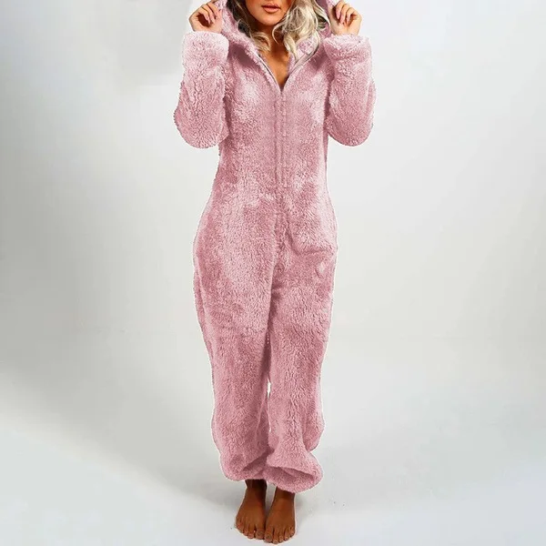 

FNOCE Autumn and Winter Women's playsuits Brushed and Thick Furry solid long sleeve zipper one-piece Jumpsuit Hooded Pajamas