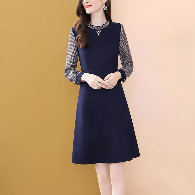 

Women's Spring Autumn Style Dress Women's Long Sleeve O-neck Fake Two Pieces Diamonds Elegant Slim Dress SS1607