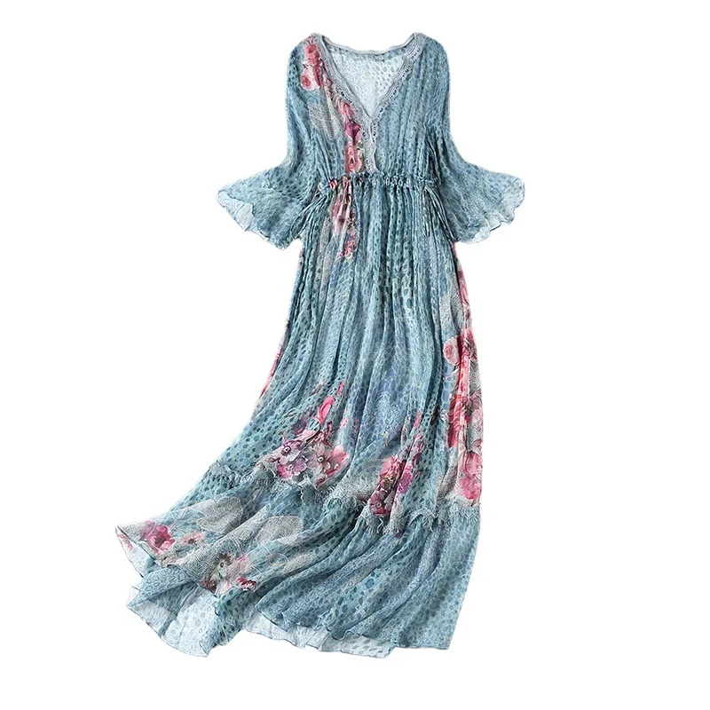 

2021 Summer hit color mid-length skirt blue temperament commuter high waist sling printed silk mulberry silk smooth dress female