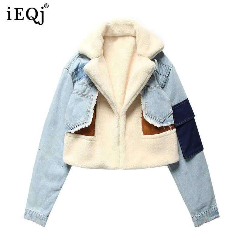 

IEQJ Leisure Full Sleeve Wool Liner Wde Waisted Turn Down Collar Women Slim Patchwork Woolen Coat 2020 Autumn Winter New TD659