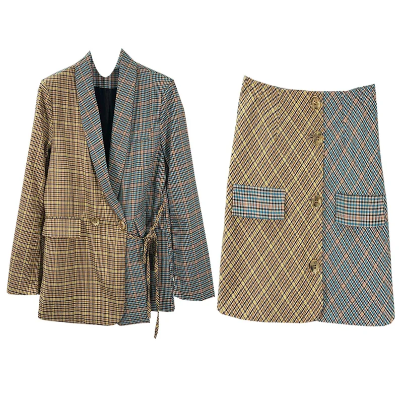 Костюм с юбкой Новинка осени 2019 Дизайнерский контрастных цветов пиджак и юбка