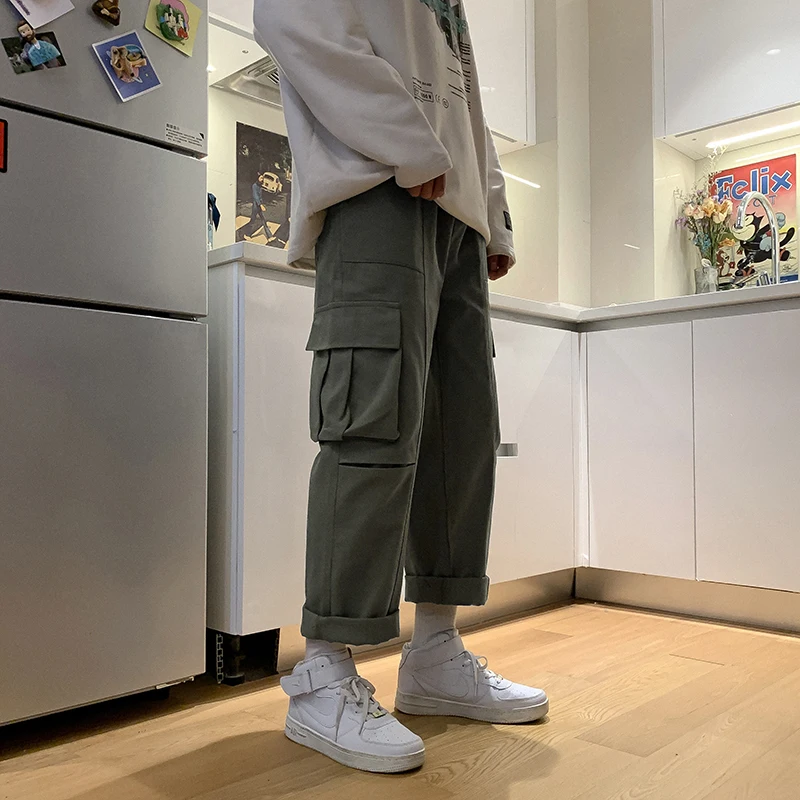 

Men Casual Pants Cargo Pockets Loose Fashion 2021 Trousers Harajuku Korean Style Ulzzang New Brand Chic Bottoms