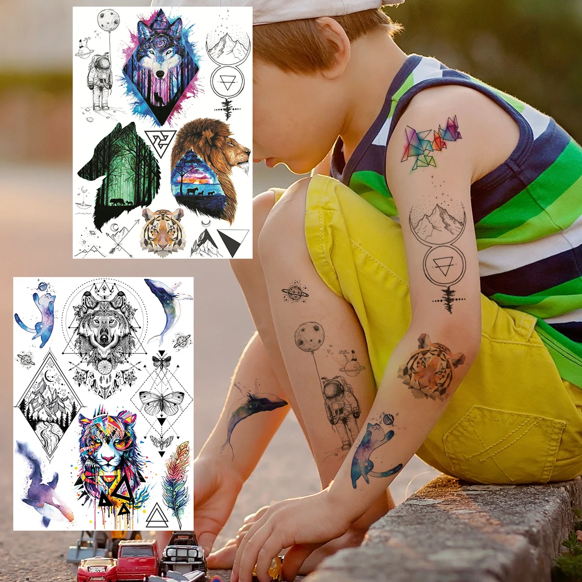 

Wolf Tiger Fake Temporary Tattoos For Men Boys Watercolor Forest Disposable Tattoo Mountain Moth Dolphin Tatoo Body Legs Feather