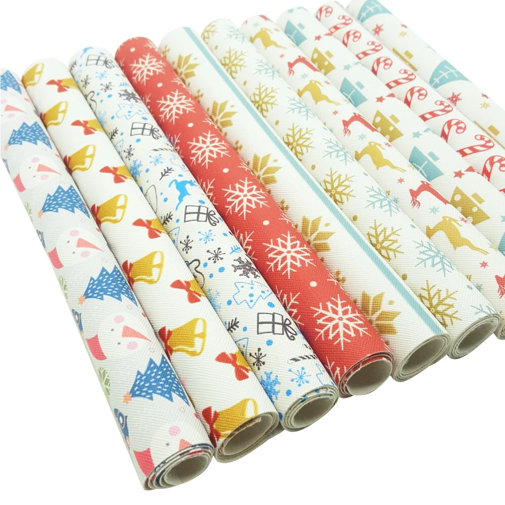 QIBU 1pcs Christmas Faux Leather Sheets Vinyl Fabric Cartoon Elks Printed Leather Bow Fabric DIY Bags Material Synthetic Leather