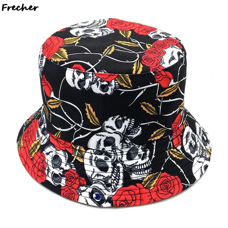 

2021 Double-sided fisherman Hat Women Men Hip Hop rose skull print Cap Panama Bucket Hat Sun Flat Top Fisherman Hats Caps