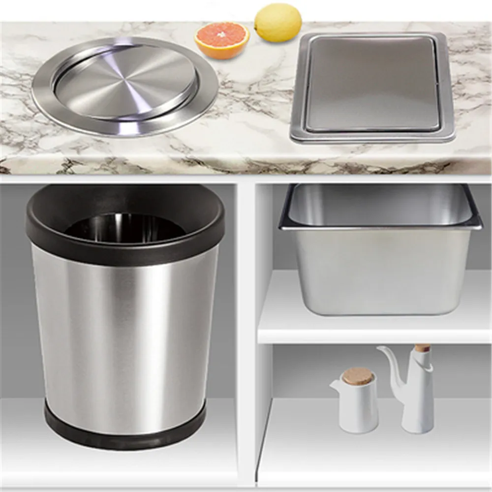 stainless steel flush recessed built in balance swing flap lid cover trash bin garbage can kitchen counter top ashcan swing lid free global shipping