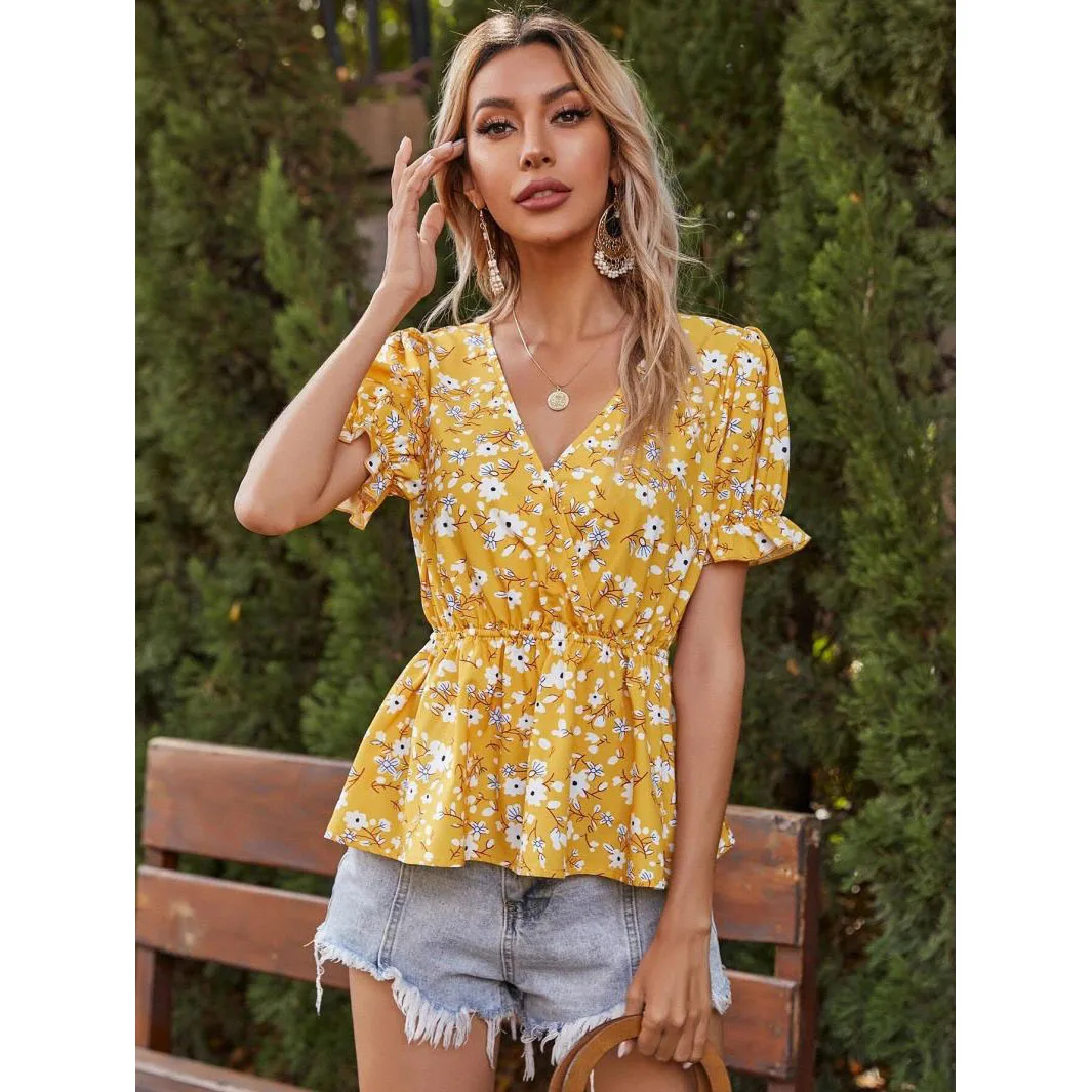 

2021 Elegant Women Floral Print Blouses Bohemian Yellow Puff Short Sleeve V Neck Elastic Waist Shirt Female Blouse Tunic Tops