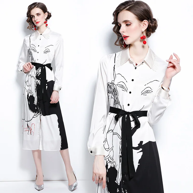 

Make the spot long printed shirt dress with long sleeves with personality fashion graffiti a-line skirt
