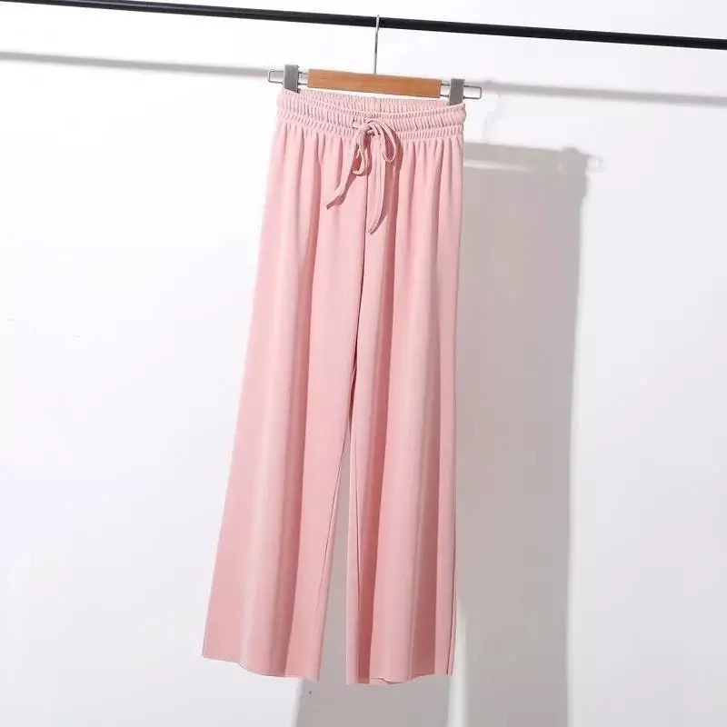 

2021 Spring Summer Women Wide Leg Pants High Waist Loose Casual Long Stacked Silk Pants Women's Ice Silk Ankle-Length Trousers