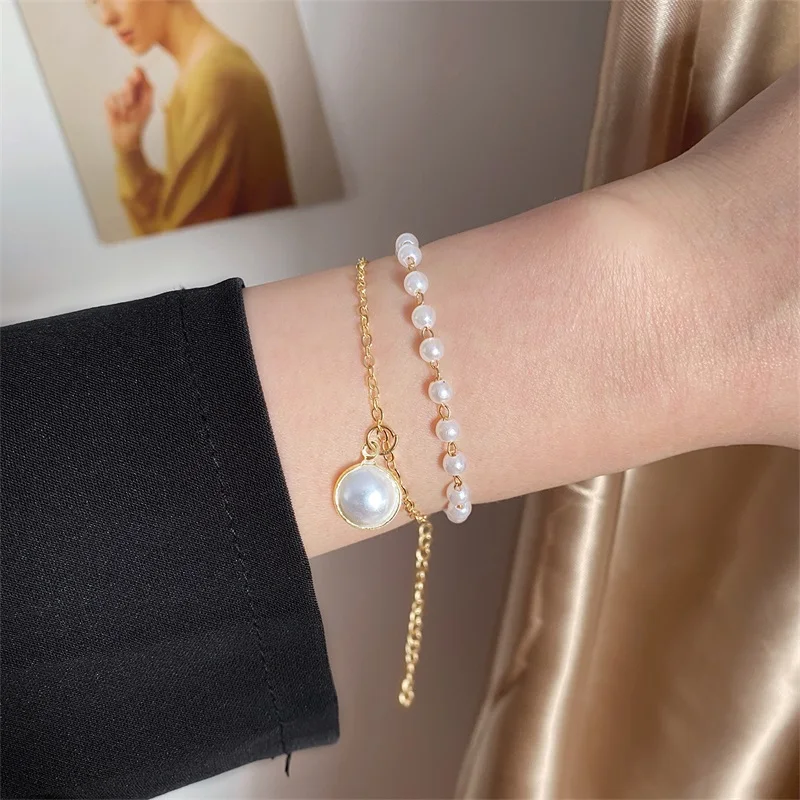 

IFMIA Korean Fashion Simple Sweet Pearl Bracelets For Women Charm Double Layer Gold color Jewelry Bijoux Cute Bracelet Jewelry