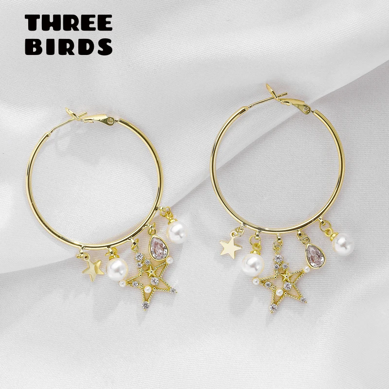 Новые Модные Винтажные большие серьги кольца с жемчугом и маленькими звездами