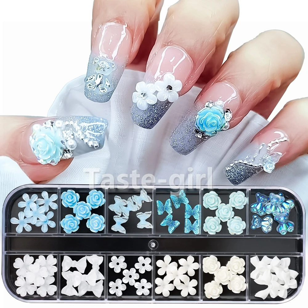 

1 Boxe 60PCS White Blue 3D Acrylic Nail Art Decoracion Flower Butterfly Nail Charms Kawaii Nails Accesorios Nail Supplies