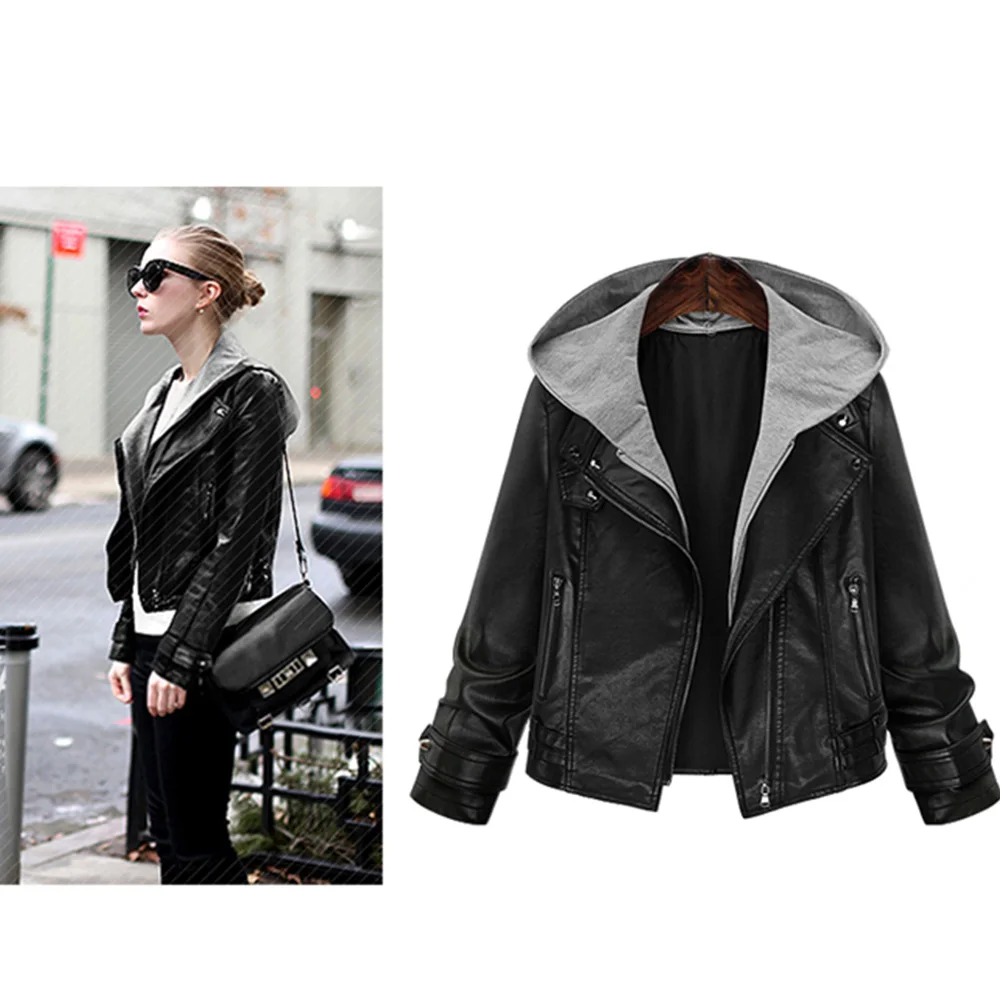 Womens Spring And Autumn Plus Size Lapel Hooded Fake Two-Piece Faux PU Leather Jacket Black Motorcycle Punk Leather Jacket