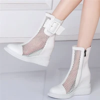 motorcycle summer ankle boots womens genuine leather hidden wedge sandals high heels buckle military riding oxfords