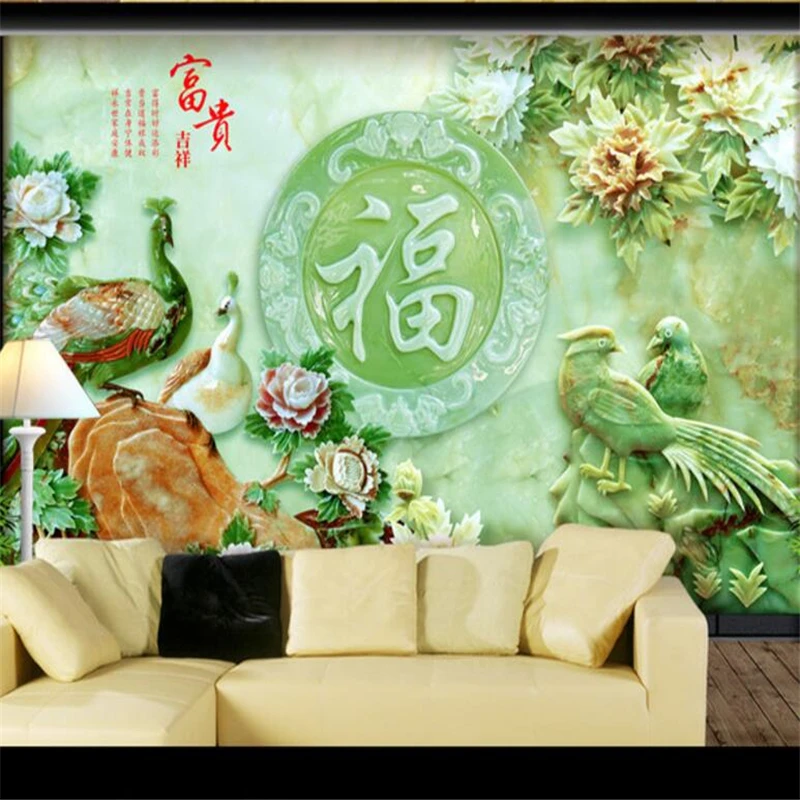 Фотообои на заказ китайский нефрит резной пион павлиний мандарин утка ТВ фон