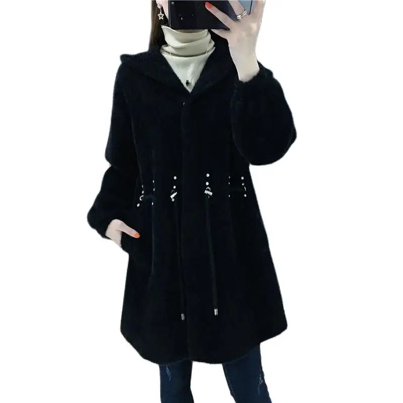 

2022 Autumn Winter Outcoat Woolen Jackets Women's Hooded Mid-Length Waist Coat Female Knit Imitation Mink Fur Overwear Cardigan