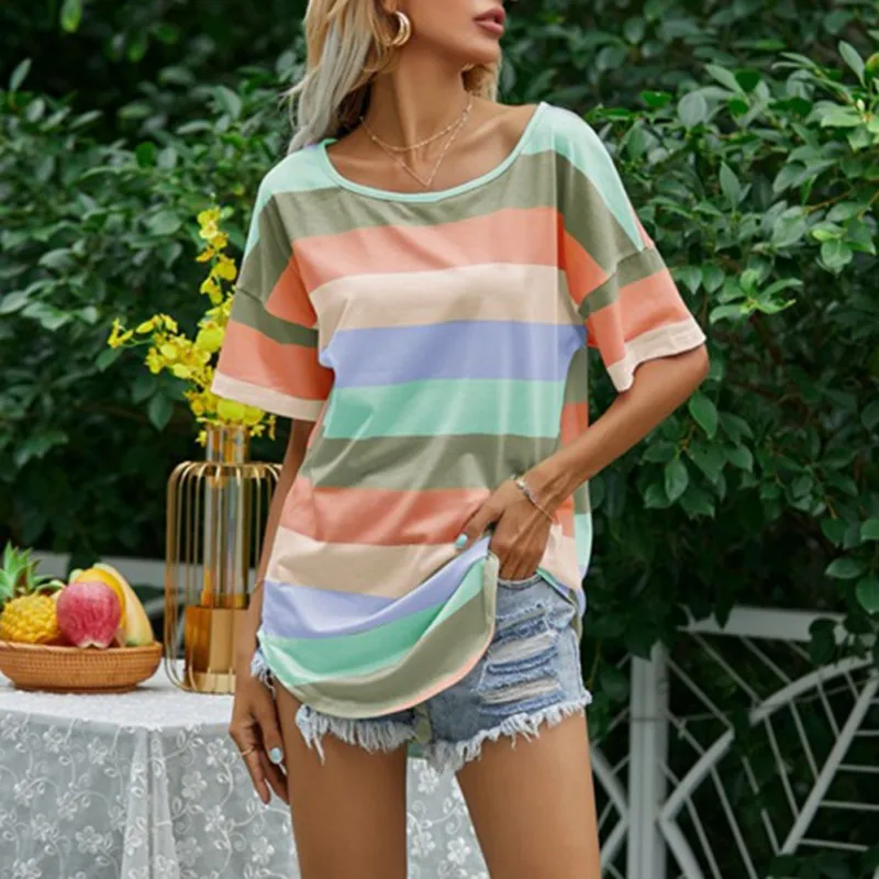 

Women Colorful Striped O-neck T-shirt Short-sleeved Tee T Shirt Casual Tops Tee Shirt Summer Vintage Clothing