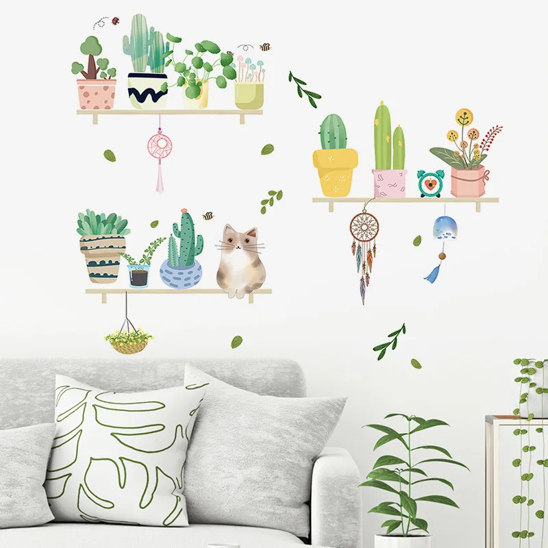 Мультяшные Ловец снов в горшке кактус наклейки на стену для спальни гостиной