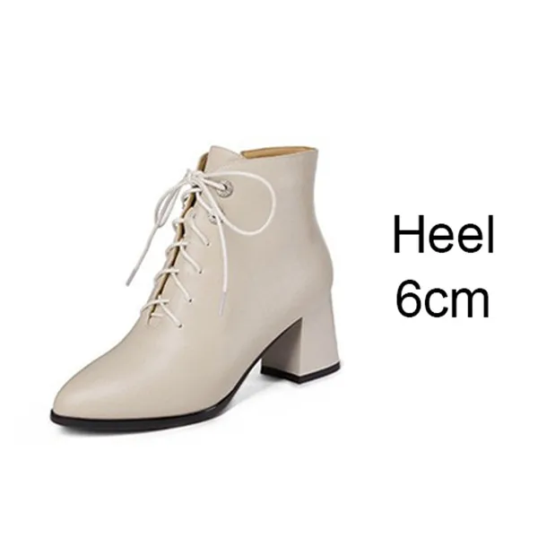 Beige 6cm Heel Зимние женские Ботинки martin в британском стиле; Цвет Черный; лакированная кожа; острый носок; высокий квадратный каблук; повседневные женские ботильоны на молнии со шнуровкой - Цвет: Beige 6cm Heel