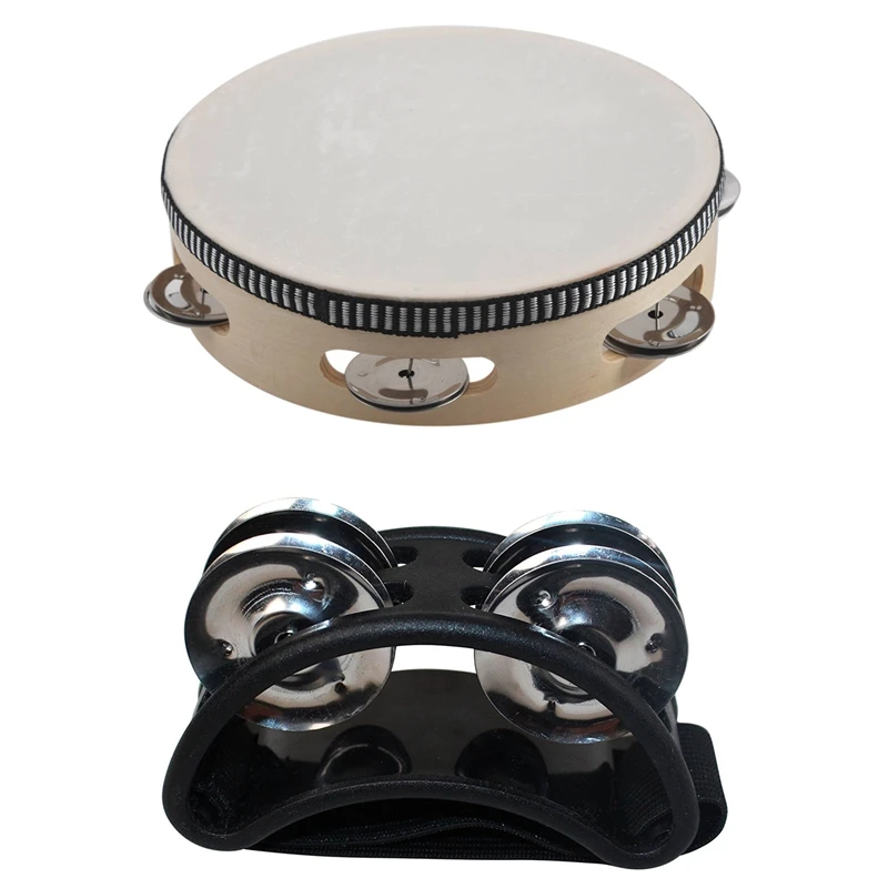 

1 Pcs 7 Inch Musical Tambourine Drum Round Percussion Gift & 1 Pcs Percussion Foot Tambourine With Metal Jingles, Black