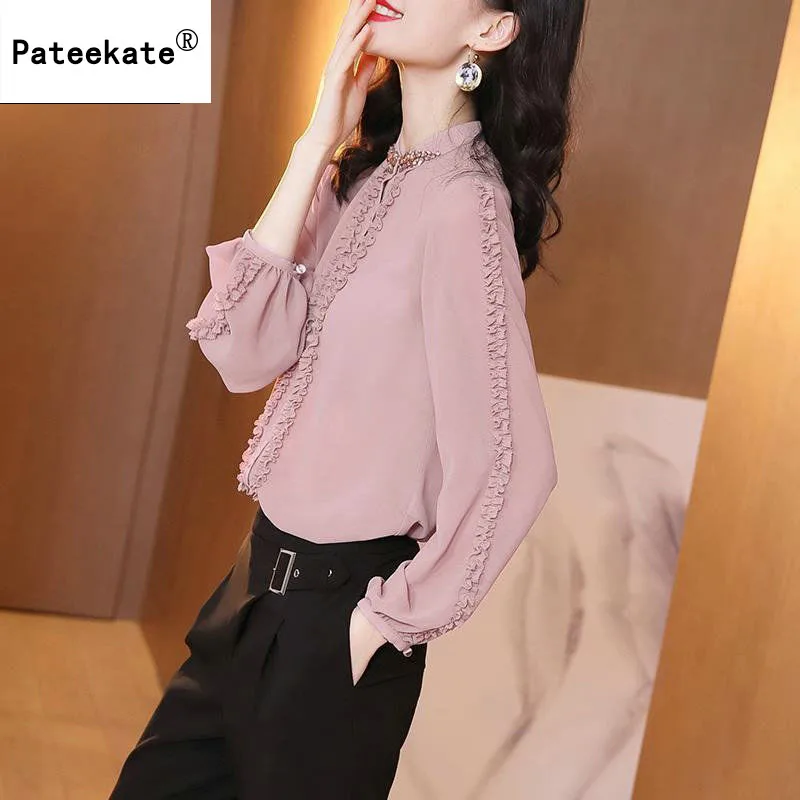 Женские топы и блузки однотонная белая шифоновая блузка Офисная рубашка тонкие