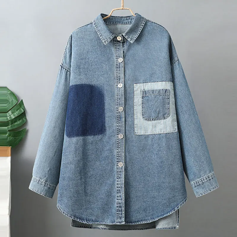 

Spring New Arts Style Women Long Sleeve Loose Casual Shirts Vintage Blue Turn-down Collar Cotton Denim Long Shirt Plus Size