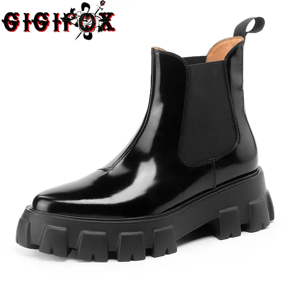 

GIGIFOX Brand Fashion Cool Classic women's Ankle Boots Chunky Boots Chelsea Booties Shoes Genuine Leather