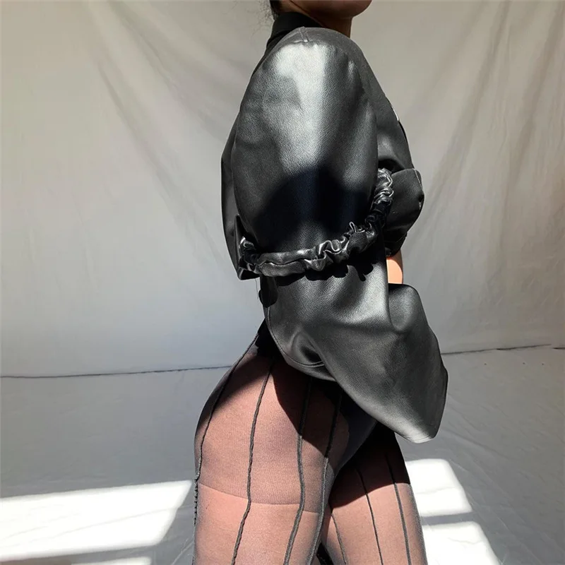 Women PU Leather Jacket Short Button Coat Slim Cardigans Moto Biker Jackets Oversized Tops Outwear