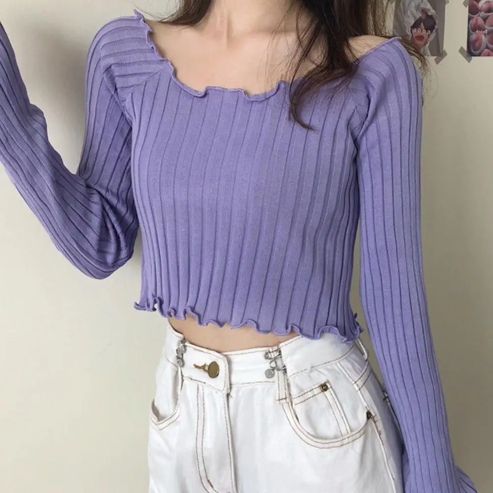 

Solid Color T-Shirt for Women Autumn Winter Long Sleeve Base Top Tshirt Women Wavy Hem Square Neck Slim Crop Top Women Knitwear