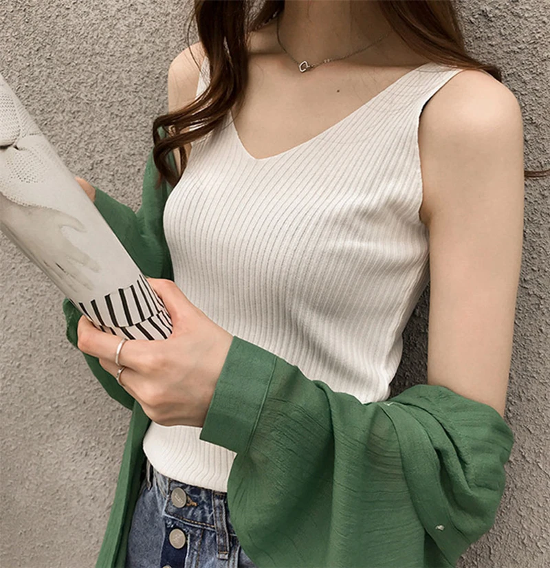 

Classic Solid Knitted Sleeveless Vest For Women Casual Summer Elastic Slim Knitwear Tank Tops Basic V-Neck Camisole Female