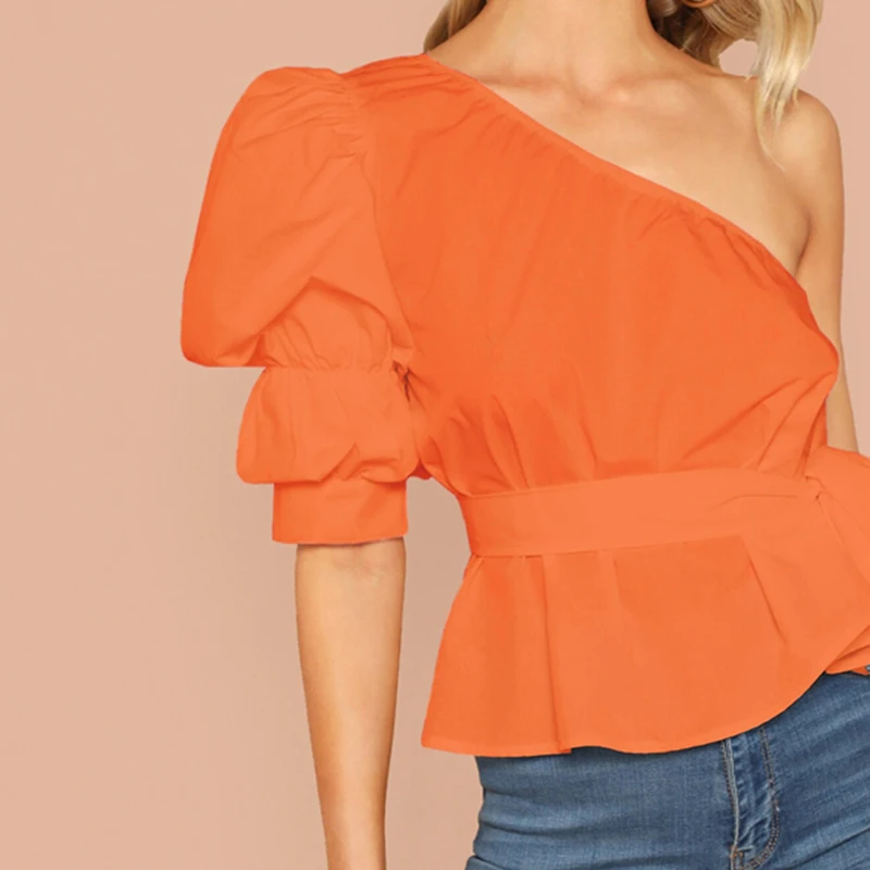 SHEIN Однотонный Топ На Одно Плечо С Пышными Рукавами И Поясом Женская Летняя Белая Элегантная Блузка С Средним Рукавом