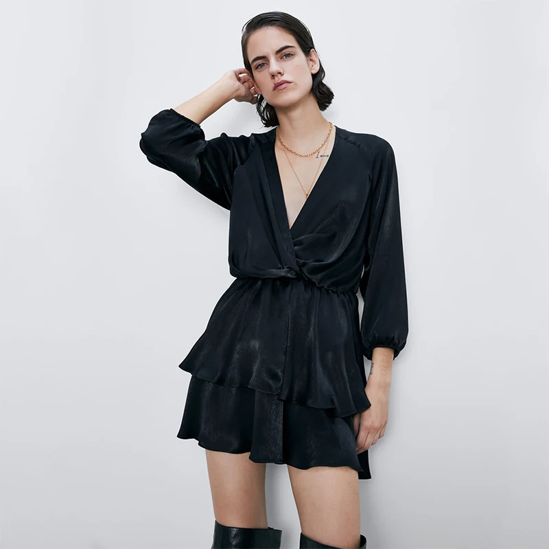 Женское мини-платье с v-образным вырезом ZA черное Очаровательное платье рукавом