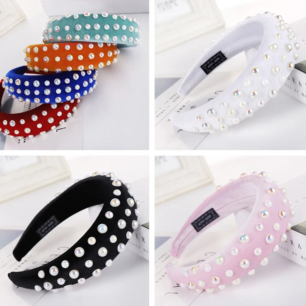 

Обруч для волос Женский, корейский, толстый, широкий, однотонный, с искусственным жемчугом, бархатный спонж