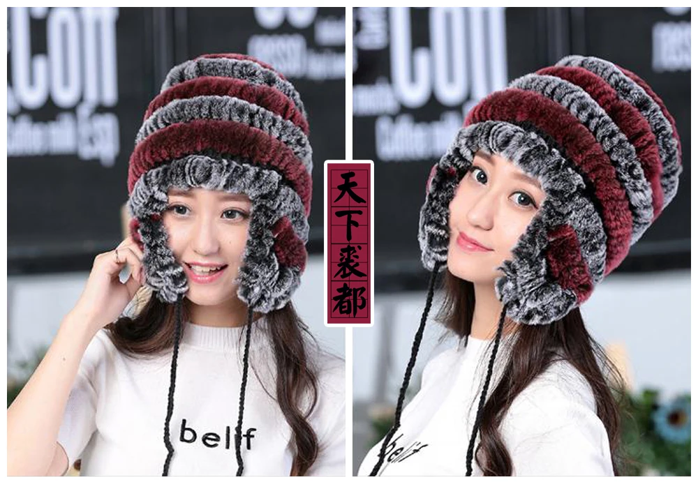 Lady Real Fur Earflap Hats Women Natural Rex Rabbit Fur Beanies Cap Russian Winter Warm Genuine Fur Hat Wholesale