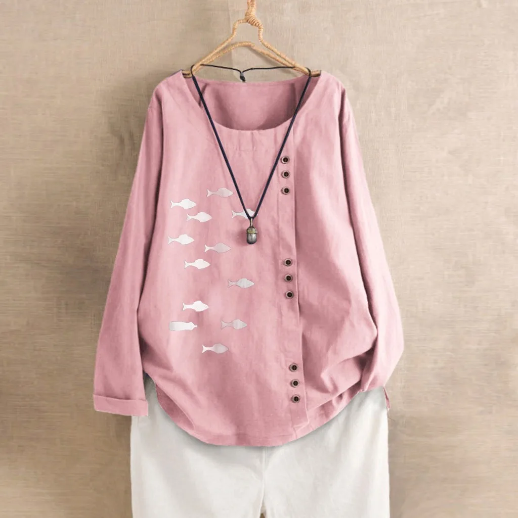 Женский хлопковый льняной кафтан с длинным рукавом мешковатая рубашка принтом