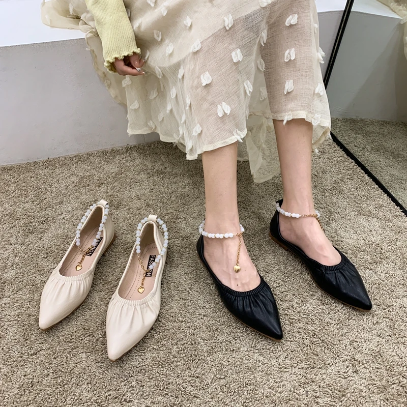 

MIYEDA Women Leather Shoes Loafers Slip on Shallow Mature Pointed Toe Flats Breathable Ankle Chain Office Ladies Shoe