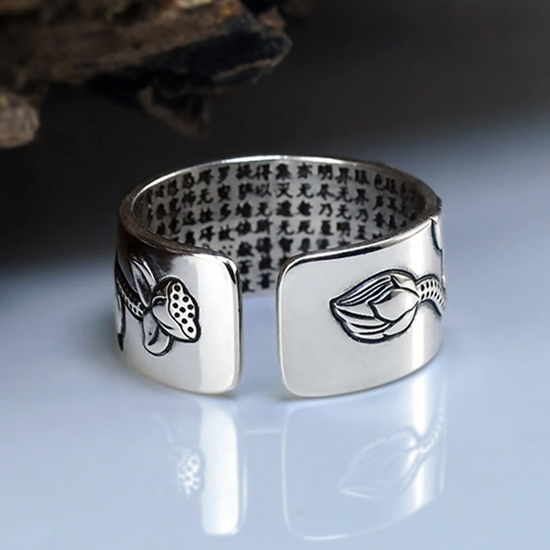 

99 Silver Lotus Ring with Heart Sutra Adjustable Open End Finger Ring Jewelry Gifts DFDS889