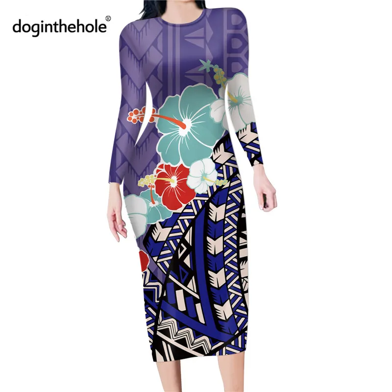 

Women Long Sleeve Polynesian Hibiscus Print Maxi Dress Autumn New Elegant Ladies High Waist Long Sleeve Party Dress Vestidos