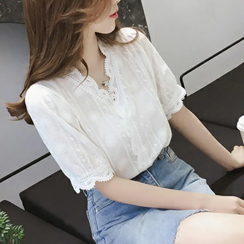

LORDWEY Lace Hollow Out Blouses for Women Spring Summer Sweet Loose V-Neck Blouse Half Sleeves Solid Shirt, White