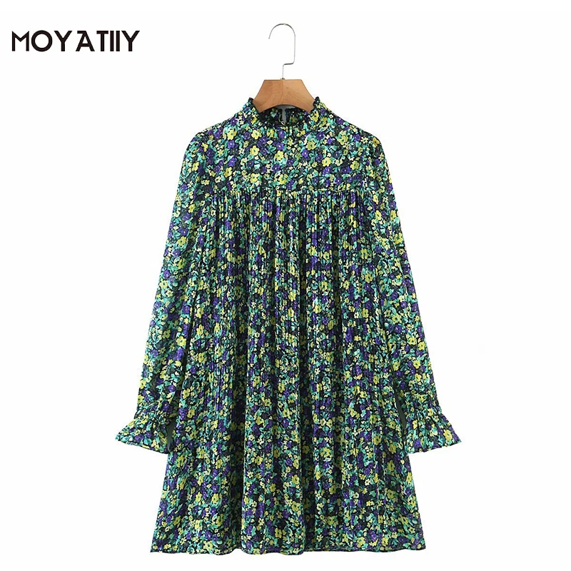 

MOYATIIY Women 2021 Fashion Floral Print Pleated Dress Retro Stand Neck Spring Mini Ruffle Dresses Long Sleeve Female Vestidos