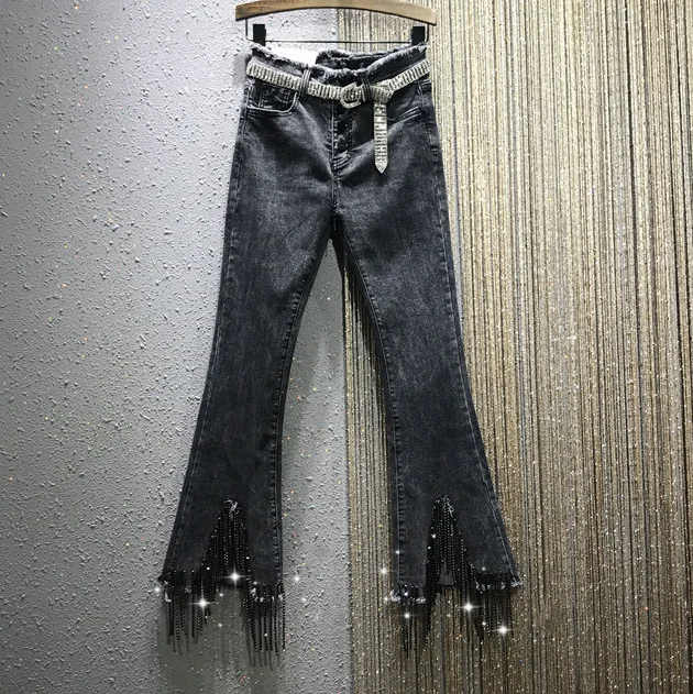 Женские джинсы с высокой талией Блестящие Брюки бахромой новые весенние