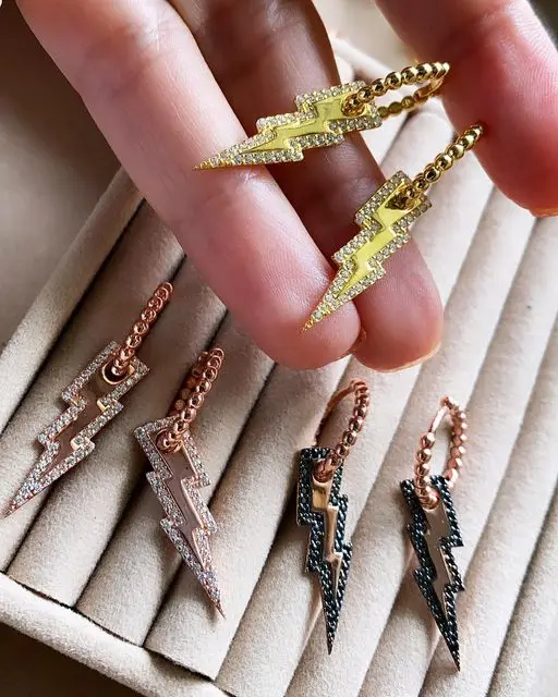 

3 Colors 2021 Summer New Fashion Jewelry Micro Pave CZ Lightning Bolt Charm Dangle Earring Gold Color
