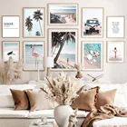 Настенная картина с изображением пляжа, Розового автомобиля, фламинго, кокосового дерева, морской звезды, настенные постеры и принты в скандинавском стиле для гостиной