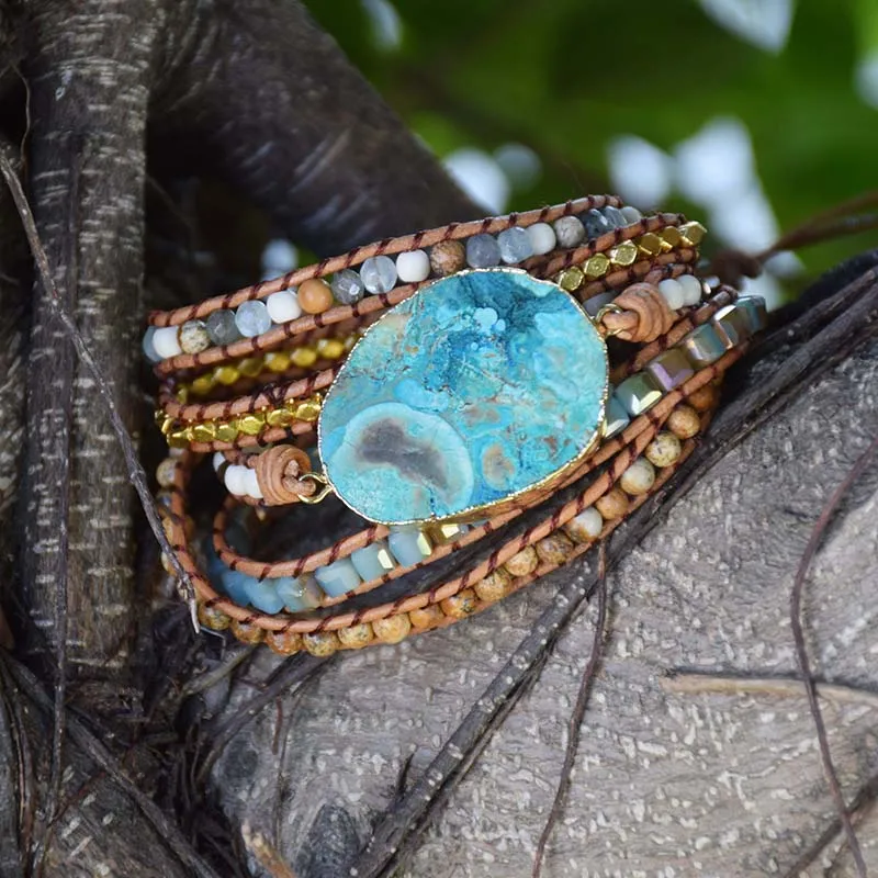 Океана браслет из синего камня Boho 5X кожа дружба Обёрточная Бумага богемные