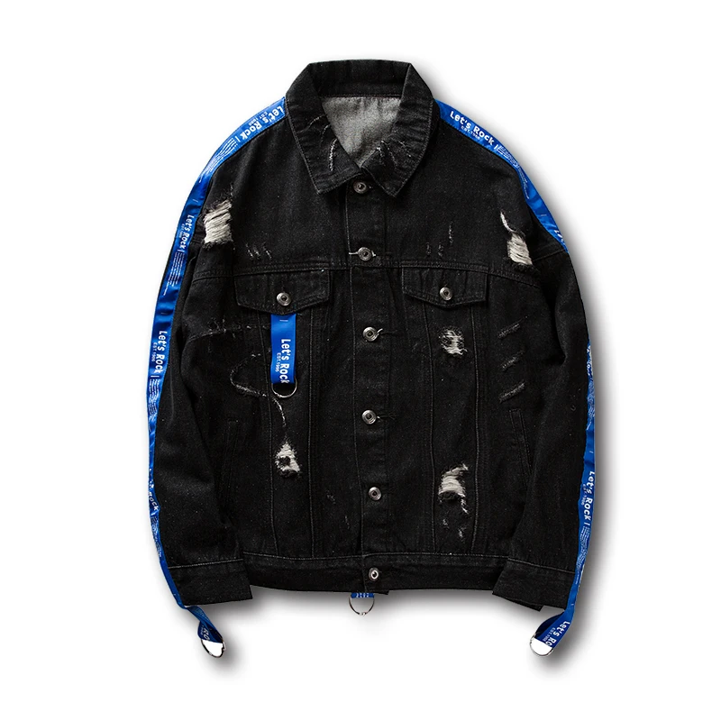 UNCLEDONJM Ribbon Ripped джинсовая куртка мужская Vinage рваные джинсы пальто хип-хоп