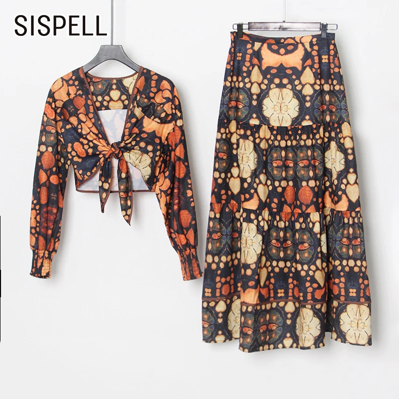 

Женский комплект из двух предметов SISPELL, блузка с глубоким V-образным вырезом и длинным рукавом-фонариком и юбка с завышенной талией, Женский...