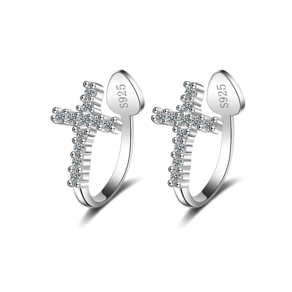 

925 sterling silver new women's fashion jewelry zircon cross ear clip Korean simple non-pierced clip on statement earrings
